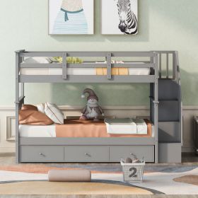 Stairway Twin-Over-Twin Bunk Bed with Three Drawers for Bedroom, Dorm - Gray