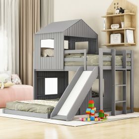 Wooden Twin Over Full Bunk Bed, Loft Bed with Playhouse, Farmhouse, Ladder, Slide and Guardrails