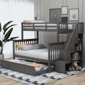 Stairway Twin-Over-Full Bunk Bed with Twin size Trundle, Storage and Guard Rail for Bedroom, Dorm, for Adults