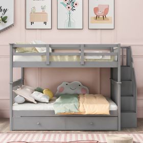 Stairway Full-Over-Full Bunk Bed with Twin size Trundle;  Storage and Guard Rail for Bedroom;  Dorm